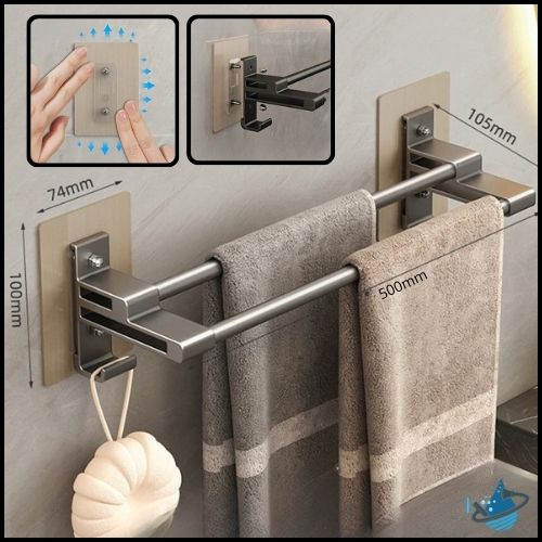 Porte serviette mural salle de bain - Double alu gris - Menage Serein