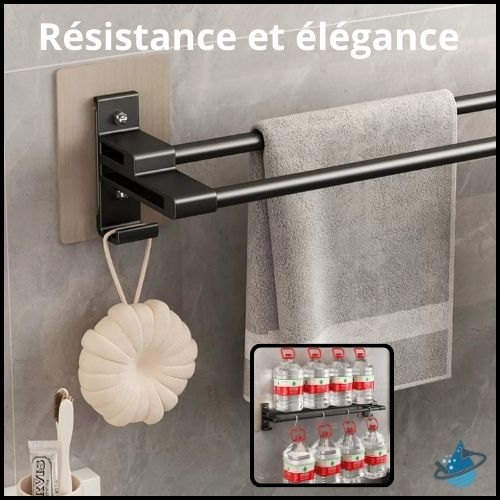 Porte serviette mural salle de bain - Double alu noir - Menage Serein